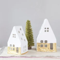 Handmade Paper Mache  Houses with Gold Foil, White, Set of 2^Be Home Flash Sale