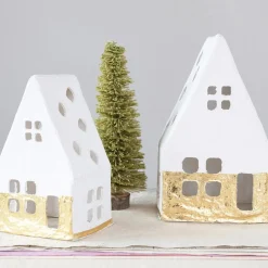 Handmade Paper Mache  Houses with Gold Foil, White, Set of 2^Be Home Flash Sale