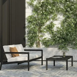 Jack Solid Black Teak Outdoor 2 Seater Sofa, Off White Fabric