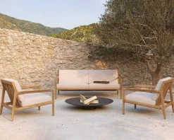 Jack Solid Teak Outdoor 2 Seater Sofa, Off White Fabric