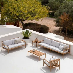 Jack Solid Teak Outdoor 2 Seater Sofa, Off White Fabric