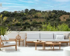Jack Solid Teak Outdoor 3 Seater Sofa, Off White Fabric