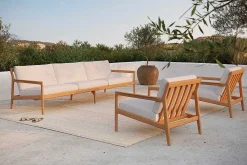 Jack Solid Teak Outdoor 3 Seater Sofa, Off White Fabric