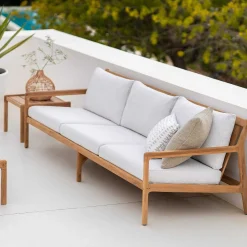Jack Solid Teak Outdoor 3 Seater Sofa, Off White Fabric
