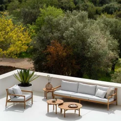 Jack Solid Teak Outdoor 3 Seater Sofa, Off White Fabric