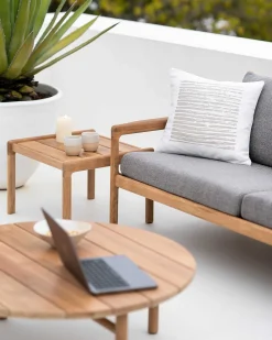 Jack Solid Teak Outdoor 2 Seater Sofa, Mocha Fabric