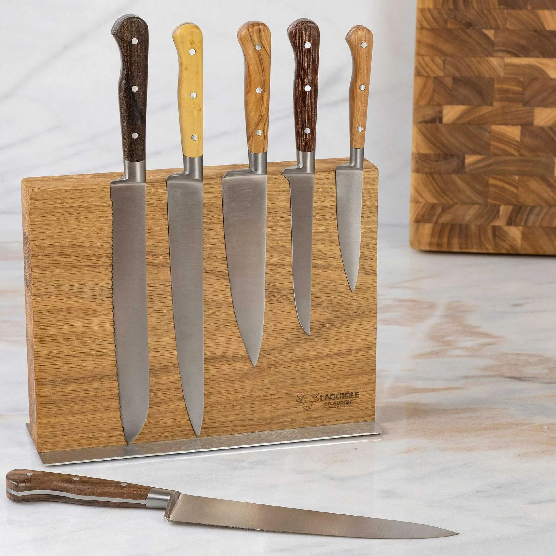 Laguiole en Aubrac Kitchen Knives with Oak Block, Set of 6, Mixed Wood