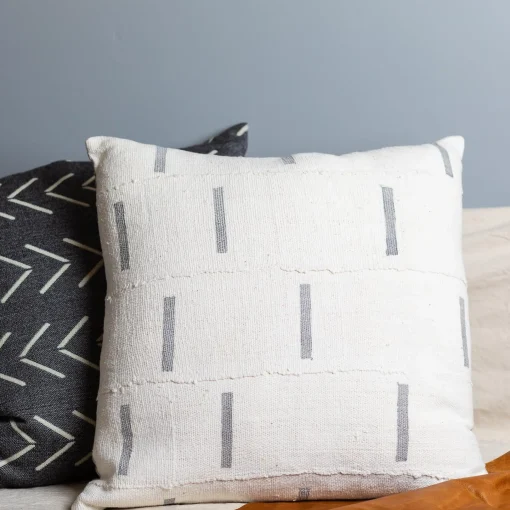 Mud Cloth Square Pillow, White with Grey Dashes^Be Home Shop