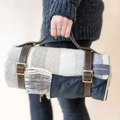Recycled Wool Waterproof Picnic Blanket in Neutral Stripe - Brown Leat^Be Home Best