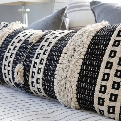 Sawyer Handwoven Rectangular Pillow, Ivory & Black^Be Home Clearance