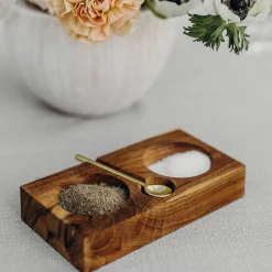 Teak Plank Salt & Pepper Cellar with Gold Spoon